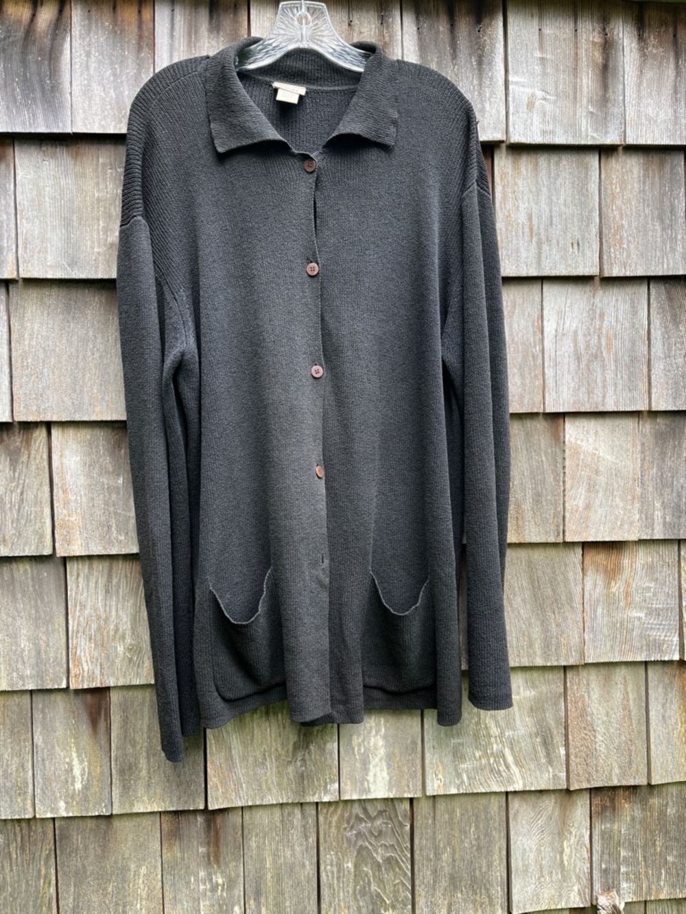 Eileen Fisher Black Cotton Button-Front Sweater Cardigan Size L